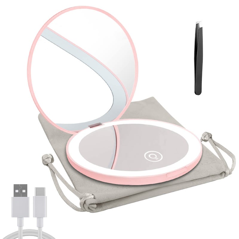 Milishow Compact Mirror with LED Light 1x/10x Magnifying Rechargeable Mirror 3.5in  Dimmable Travel Mirror for Purse Pocket Handheld 2-Sided Makeup Mirror - Image 1